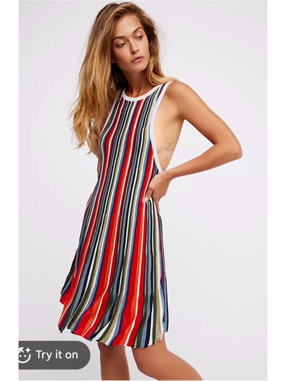 Multicolor Striped Knit Swing Dress - White Trim